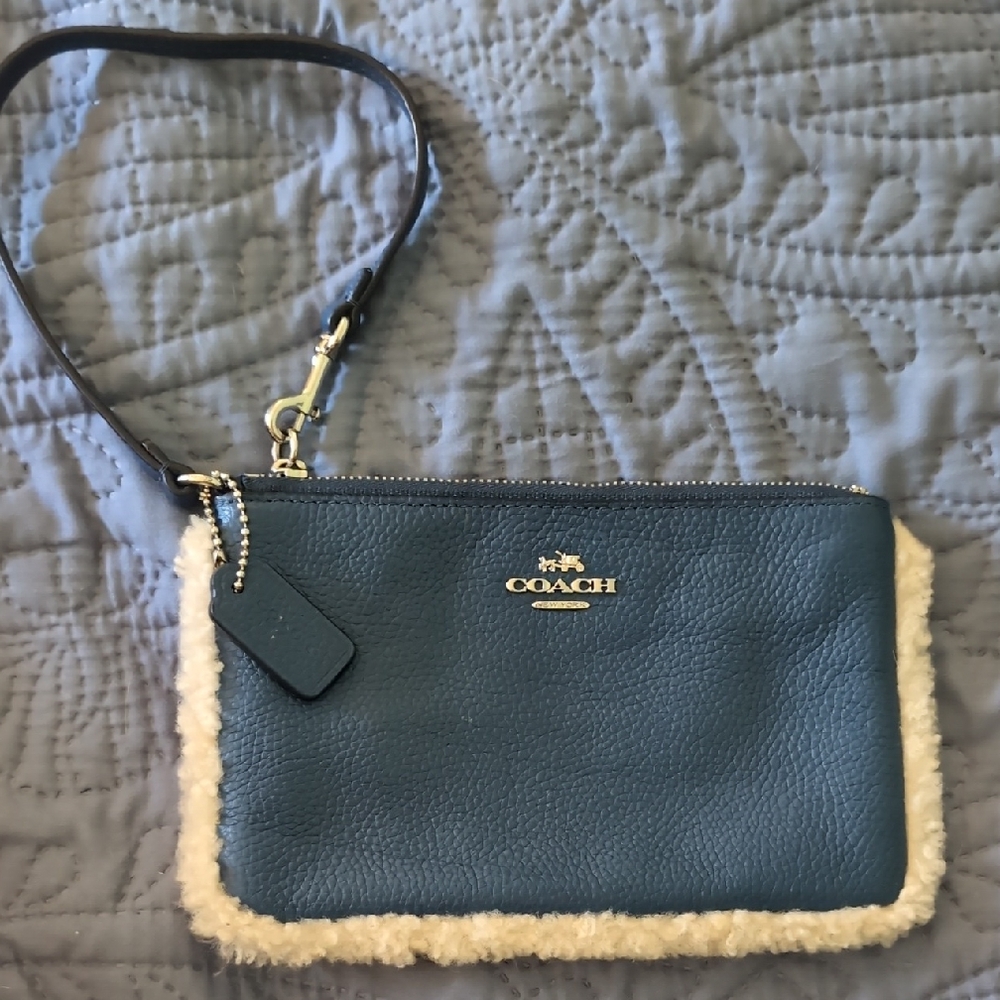 Coach Blue Leather Wristlet with Cream Trim